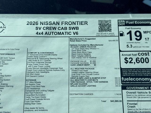 2026 Nissan Frontier SV DARK ARMOR, ALL-WEATHER CONTENT PACKAGE