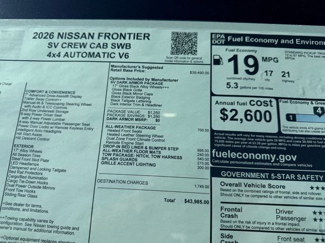 2026 Nissan Frontier SV DARK ARMOR, ALL-WEATHER CONTENT PACKAGE