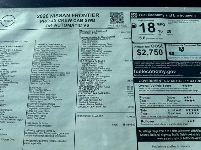 2026 Nissan Frontier PRO-4X PREMIUM, CONVENIENCE, TOW, BLACK ACCENT PACKAGE