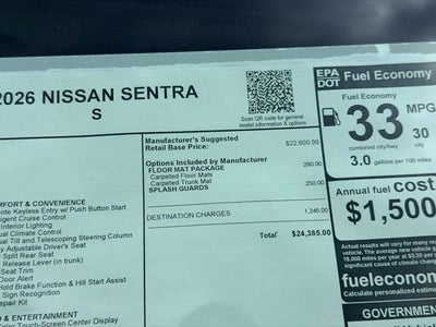 2026 Nissan Sentra S FLOOR MAT PACKAGE
