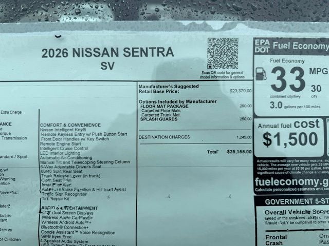 2026 Nissan Sentra SV FLOOR MAT PACKAGE