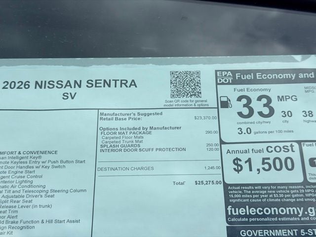 2026 Nissan Sentra SV FLOOR MAT PACKAGE