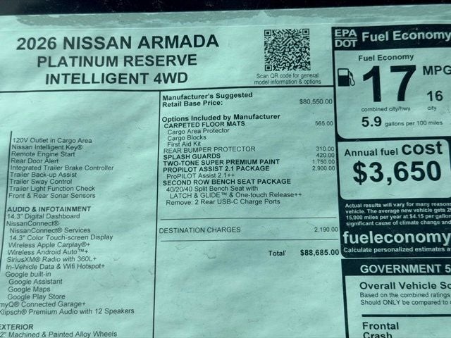 2026 Nissan Armada Platinum Reserve SPLIT BENCH SEAT PACKAGE